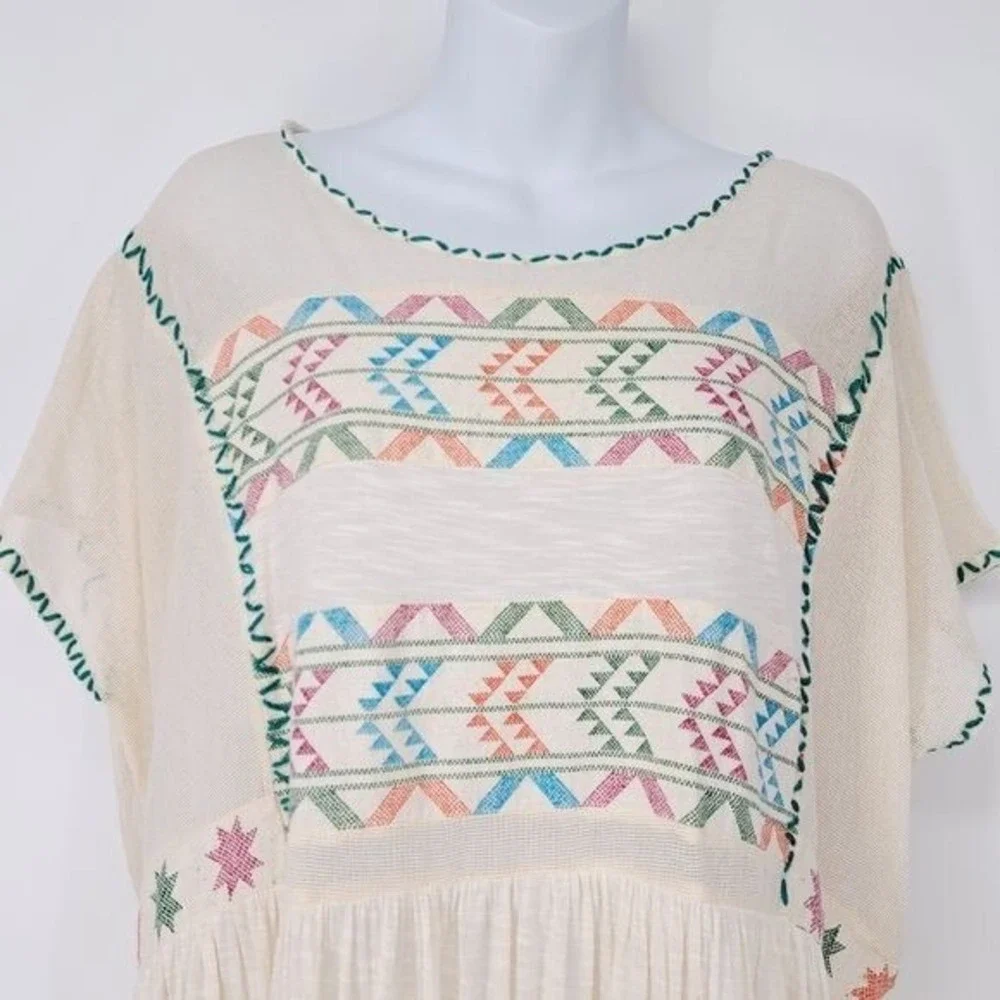Free People Boho Aztec Embroidered Flowy‎ Gauze Top Oversized Size Small